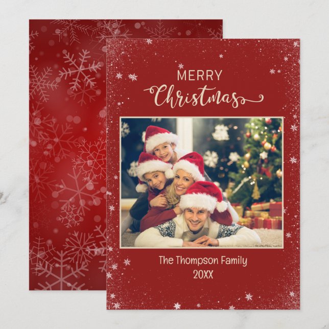Burgundy Family Photo Snowflake Flat Holiday Card (Front/Back)