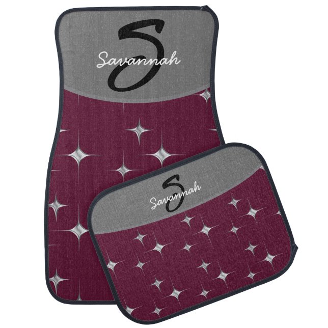 Burgundy Fancy Faux Diamond Design Custom Name Car Floor Mat (Set)
