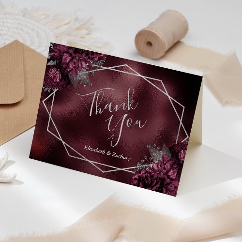 Burgundy Faux Foil Floral Silver Geometric Wedding Thank You Card