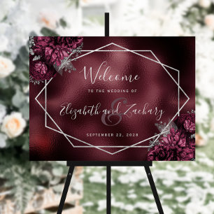 Burgundy Faux Foil Floral Silver Wedding Welcome Foam Board