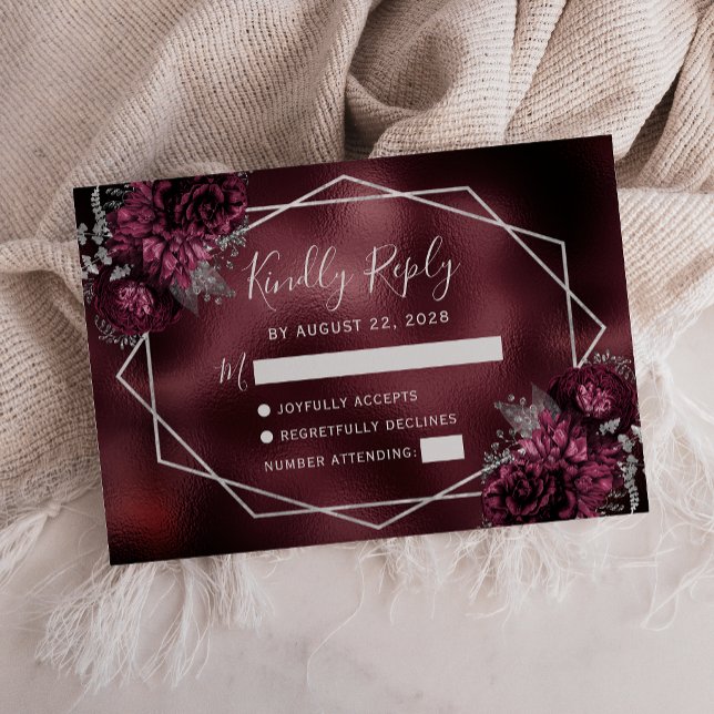 Burgundy Faux Foil Silver Floral Frame RSVP Card (Creator Uploaded)