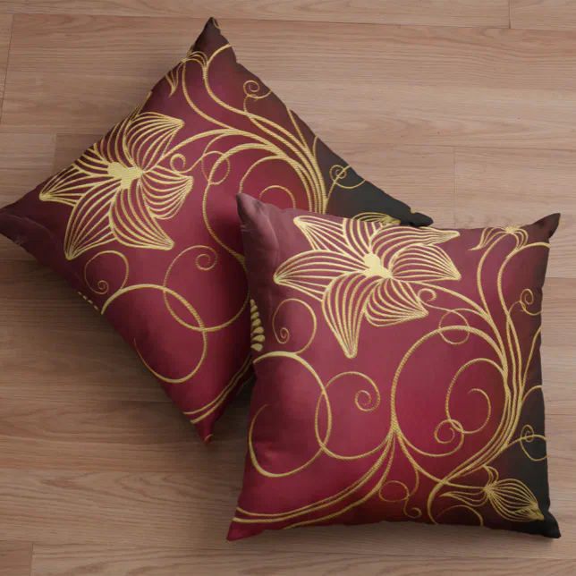 Burgundy Faux Gold Foil Floral Throw Pillow Zazzle