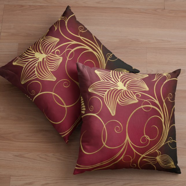 Burgundy Faux Gold Foil Floral Throw Pillow (Creator Uploaded)