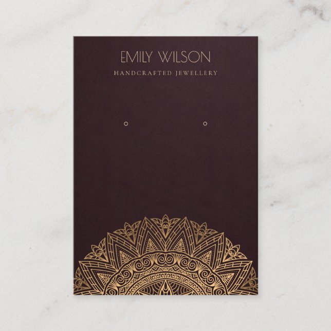 BURGUNDY FAUX GOLD ORNATE MANDALA EARRING DISPLAY BUSINESS CARD (Front)