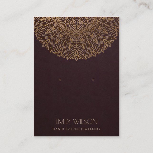 BURGUNDY FAUX GOLD ORNATE MANDALA EARRING DISPLAY BUSINESS CARD (Front)