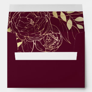 Burgundy & Faux Gold Peony Modern Floral Wedding Envelope