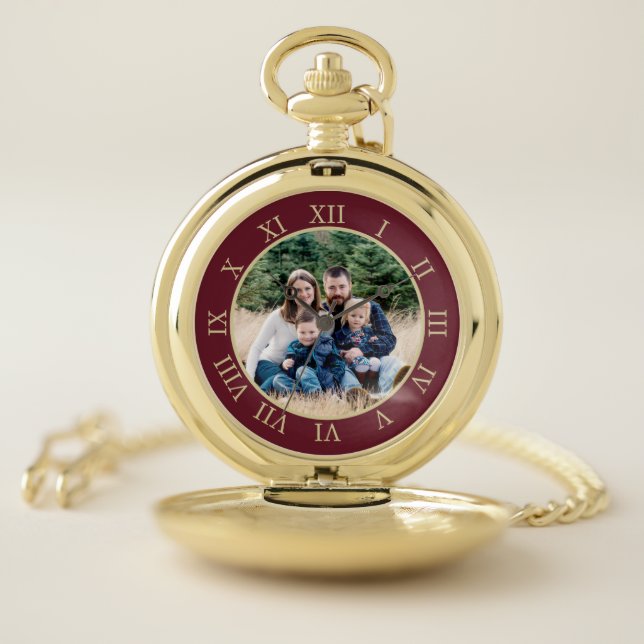 Burgundy & Faux Gold Roman Numbers Custom Photo Pocket Watch (Inside)