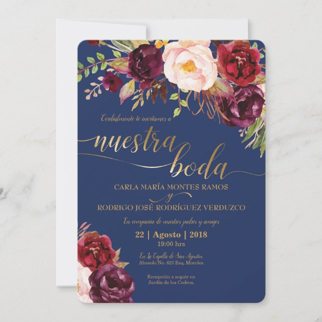Burgundy Faux Gold Spanish Wedding Invitation (Front)