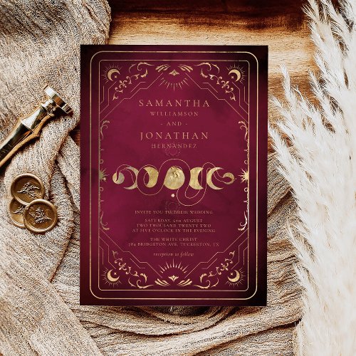 Burgundy  Faux Gold Tarot Celestial Wedding Invitation