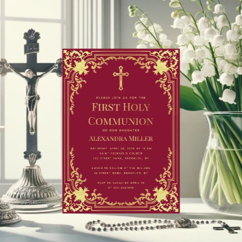 Burgundy Faux Gold Vintage Girl First Communion Invitation