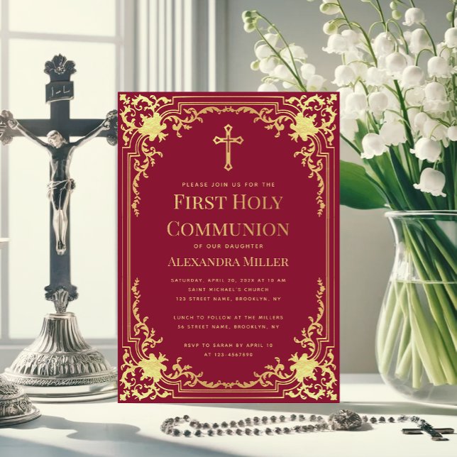 Burgundy Faux Gold Vintage Girl First Communion Invitation (Creator Uploaded)