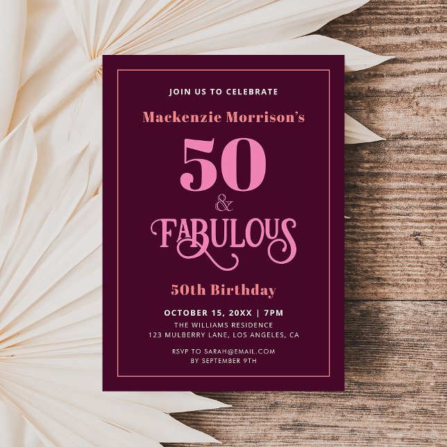 Burgundy Fifty and Fabulous Birthday Party Invitation (Creator Uploaded)