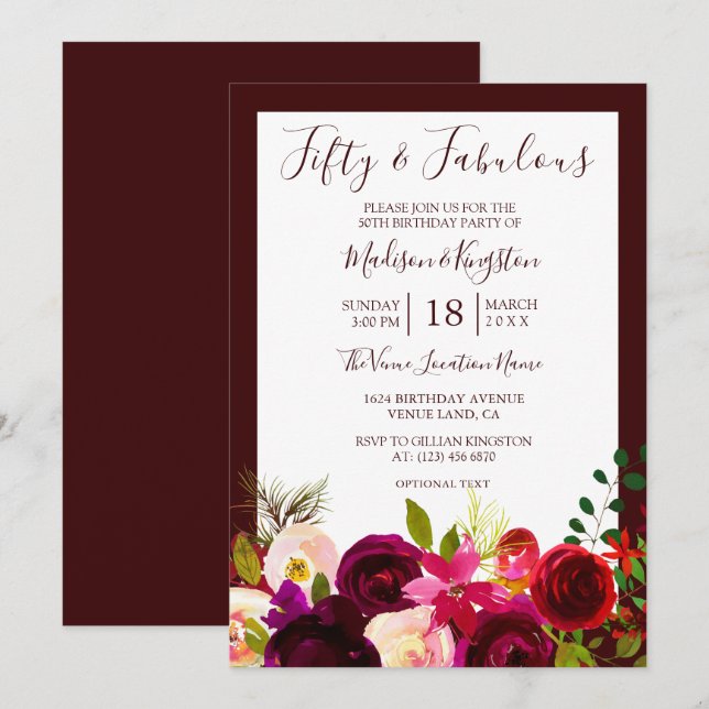 Burgundy Fifty and Fabulous Birthday Party Invite (Front/Back)