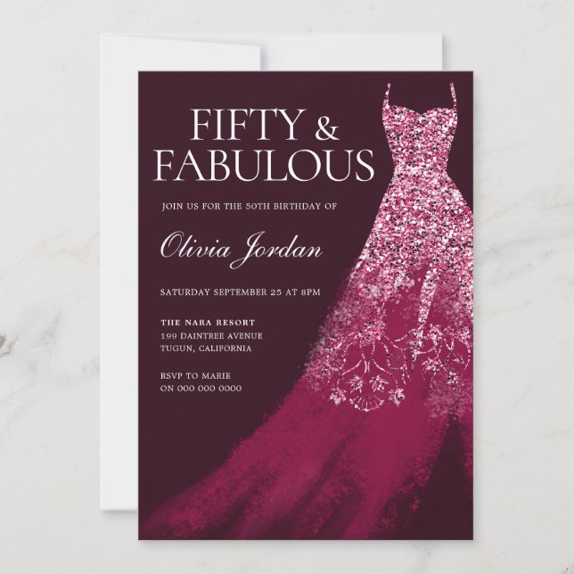 Burgundy Fifty & Fabulous Gown 50th Birthday Party Invitation (Front)