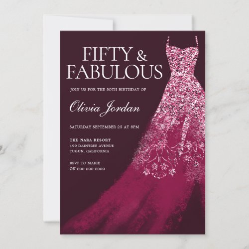 Burgundy Fifty  Fabulous Gown 50th Birthday Party Invitation