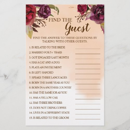 Burgundy Find the Guest Bridal Shower Game Card Flyer