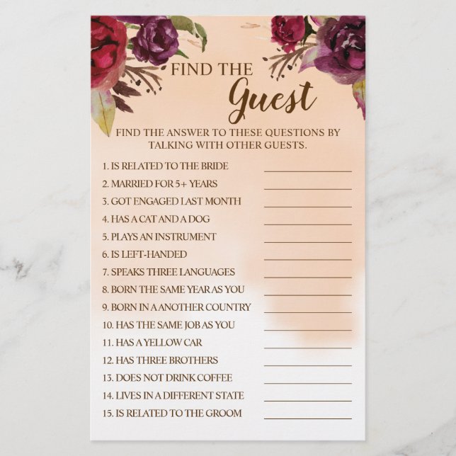 Burgundy Find the Guest Bridal Shower Game Card Flyer (Front)