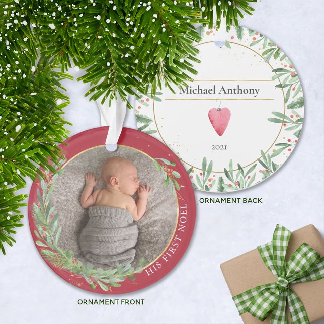 Burgundy First Noel Christmas Greenery Baby Photo Ornament (Creator Uploaded)