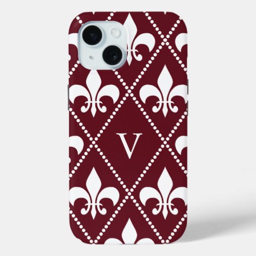 Burgundy Fleur de Lis w monogram iPhone 15 Case