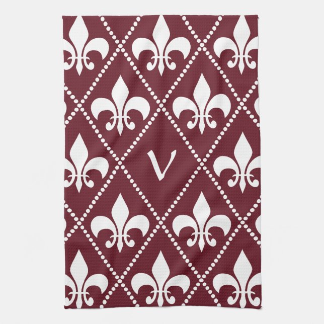 Burgundy Fleur de Lis with monogram initial Towel (Vertical)