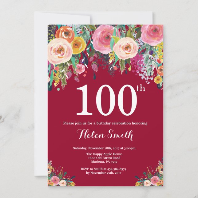 Burgundy Floral 100th Birthday Invitation (Front)