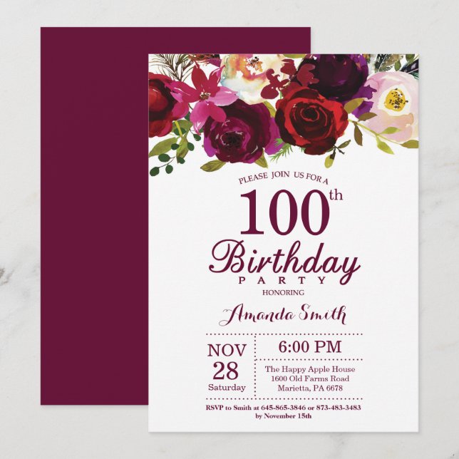 Burgundy Floral 100th Birthday Party Invitation (Front/Back)