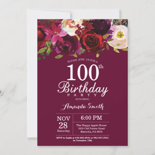 Burgundy Floral 100th Birthday Party Invitation