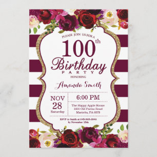 Burgundy Floral 100th Birthday Party Invitation