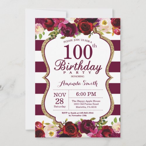 Burgundy Floral 100th Birthday Party Invitation