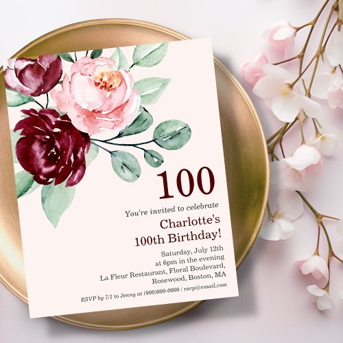 Burgundy Floral 100th Budget Birthday Invitation