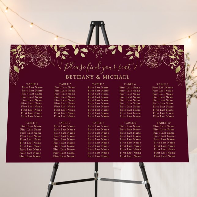 Burgundy Floral 10 Table Wedding Seating Chart Foam Board (In Situ (Stand))