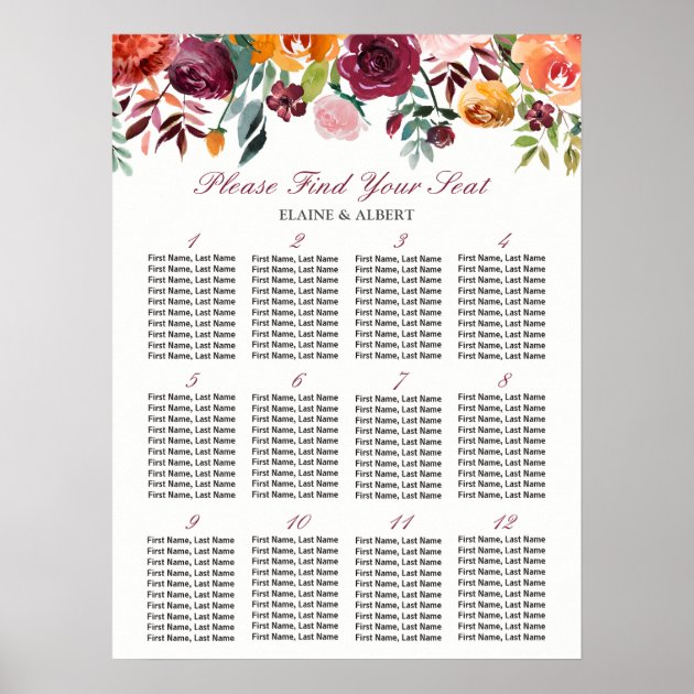 Burgundy Floral 12 Tables Wedding Seating Chart