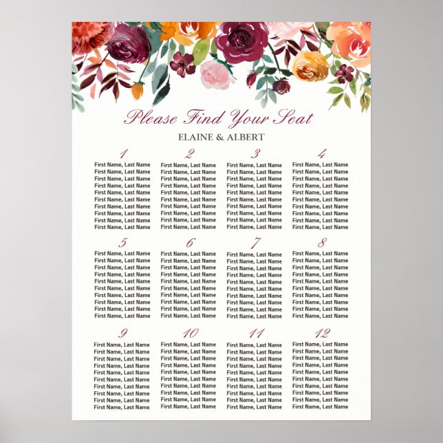 Burgundy floral 12 Tables Wedding Seating Chart (Front)