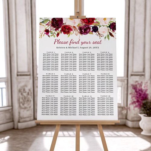 Burgundy Floral 12 Tables Wedding Seating Chart Foam Board