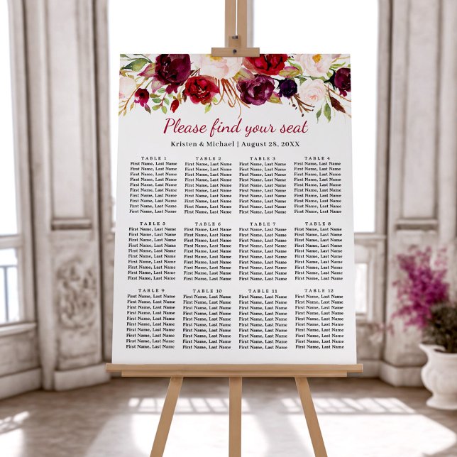 Burgundy Floral 12 Tables Wedding Seating Chart Foam Board (Creator Uploaded)