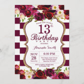 Burgundy Floral 13th Birthday Party Invitation (Front/Back)