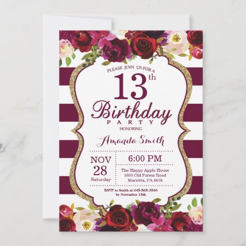 Burgundy Floral 13th Birthday Party Invitation