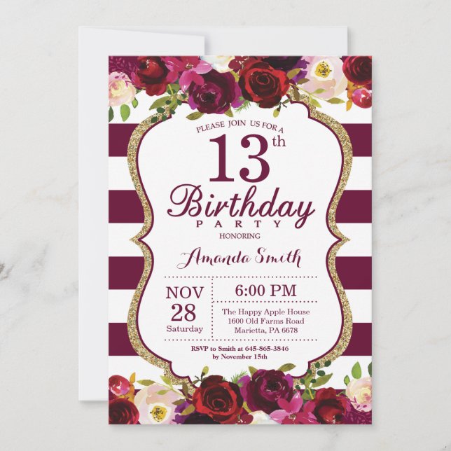 Burgundy Floral 13th Birthday Party Invitation (Front)