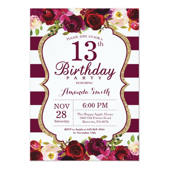 Burgundy Floral 13th Birthday Party Invitation Zazzle Com