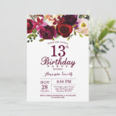 Burgundy Floral 13th Birthday Party Invitation (Standing Front)