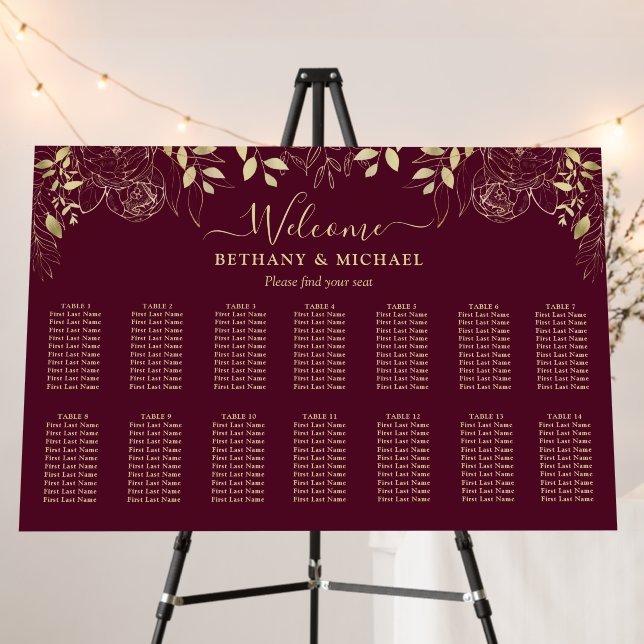 Burgundy Floral 14 Table Wedding Seating Chart Foam Board (In Situ (Stand))