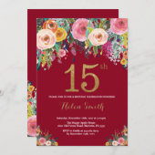 Burgundy Floral 15th Birthday Invitation Gold (Front/Back)