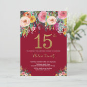 Burgundy Floral 15th Birthday Invitation Gold (Standing Front)
