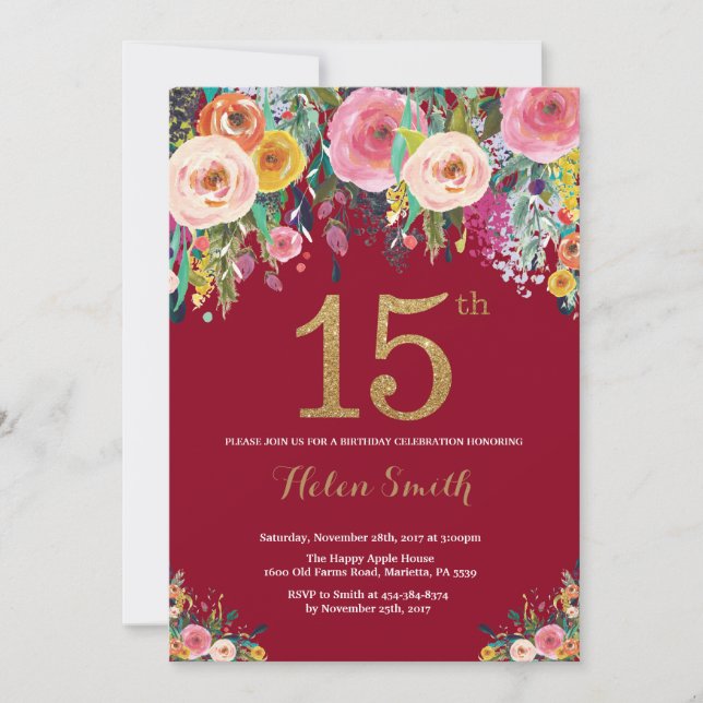 Burgundy Floral 15th Birthday Invitation Gold (Front)