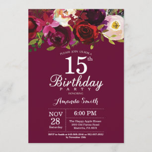 Burgundy Floral 15th Birthday Party Invitation