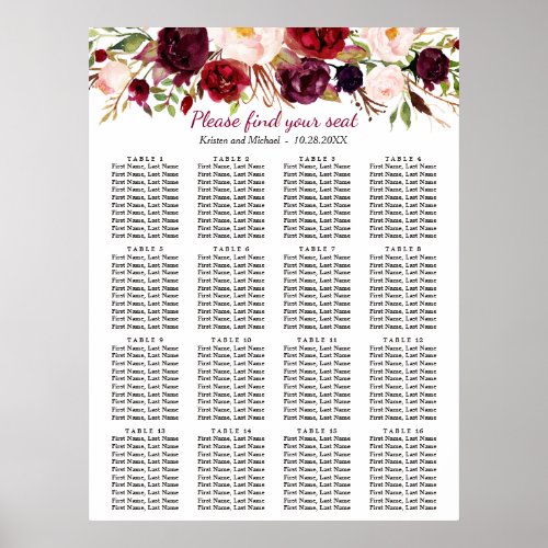 Burgundy Floral 16 Tables Wedding Seating Chart - Burgundy Floral 16 Tables Wedding Seating Chart Poster. 
(1) please click the "customize further" link and use our design tool to enter guests names. 
(2) The default size is 24 x 32 inches, you can change it to other size.  
(3) If you need help or matching items, please contact me.