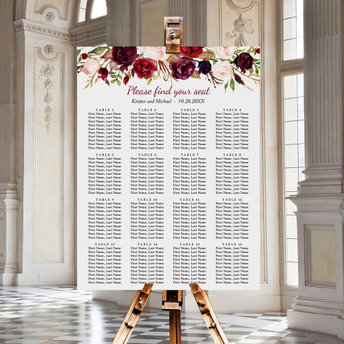 Burgundy Floral 16 Tables Wedding Seating Chart