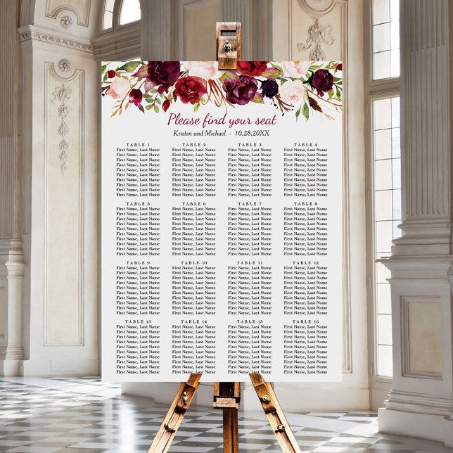 Burgundy Floral 16 Tables Wedding Seating Chart (Creator Uploaded)