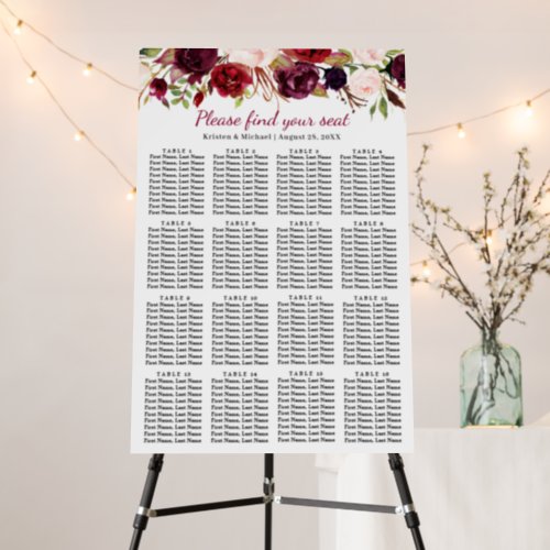 Burgundy Floral 16 Tables Wedding Seating Chart Foam Board