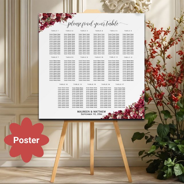 Burgundy Floral 17 Tables Wedding Seating  Poster (Creator Uploaded)
